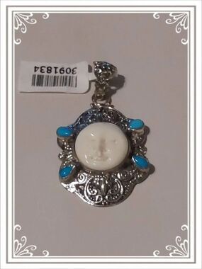NWT STS Signed 925SS Carved Bone & Sleeping Turquoise Goddess Balinese Pendant